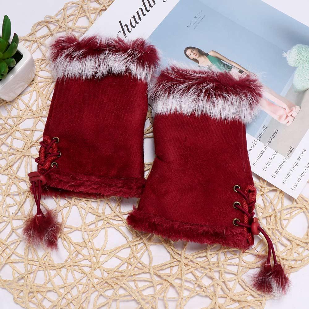 Gift Lady New Genuine Color Soft Trim Wrist Warm Rabbit Fur Women Gloves Fingerless