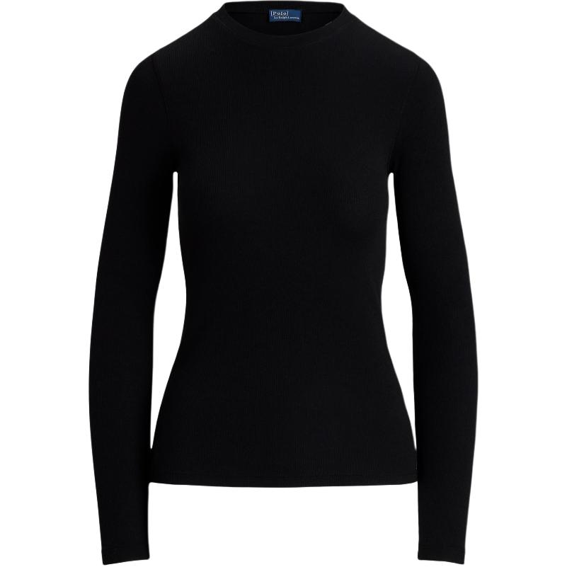 Polo Ralph Lauren FW24 Solid Ribbed Texture Crew Neck Slim Fit Long Sleeve T-Shirt Women Tops Black WMPOKNINC020182-001