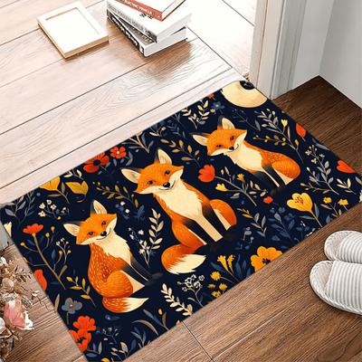 1pc Rustic Fox Design Doormat, Non-Slip Polyester Flannel, Machine Washable, Low Pile, Fade Resistant, Rectangular Entrance Mat