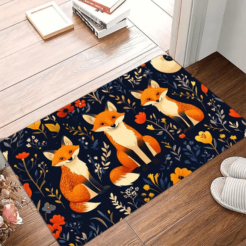 1 Stück Rustikale Fuchs Design Fußmatte, Rutschfestes Polyester-Flanell, Maschinenwaschbar, Niedriger Flor, Farbecht, Rechteckige Eingangsmatte