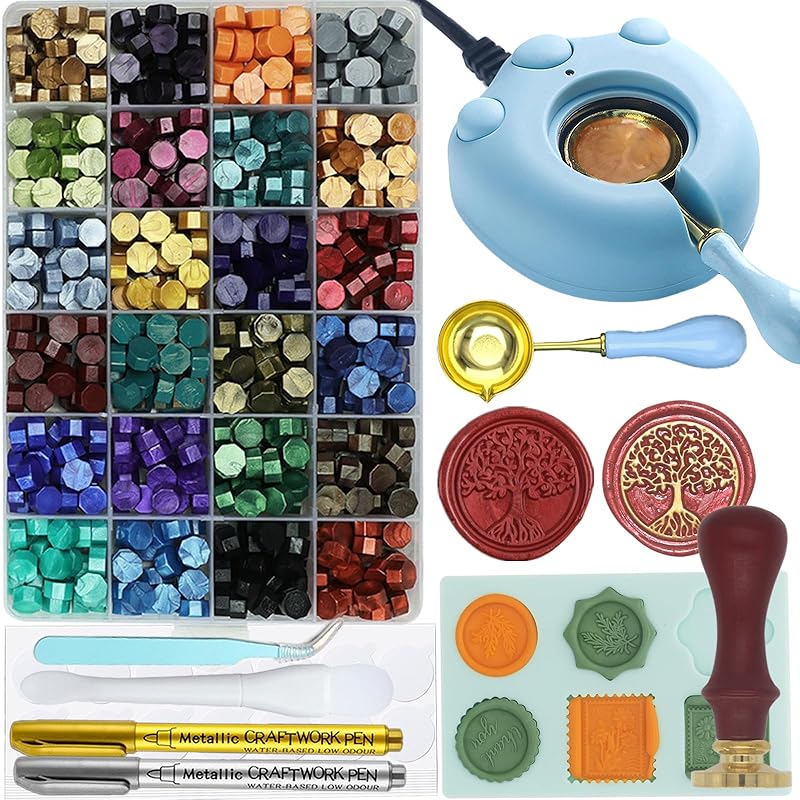Wax Seal Kit with 24 Colors Wax Seal Beads 600pcs, Andotopee Tree of Life Wax Seal Stamp Kit with Electric Sealing Wax Warmer Set, Silicone Mold, Tree of Life Wax Seal Sta