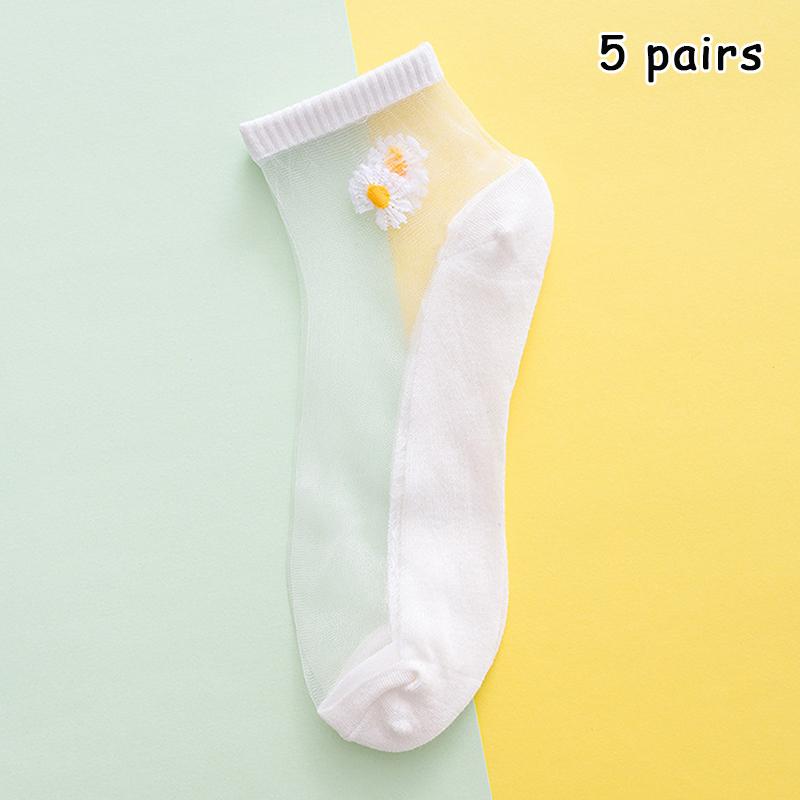 

5Pairs Cute Little Daisy Silk Socks Kawaii Embroidery Daisy Socks Spring Summer Thin Socks Breathable Anti-Stink Socks