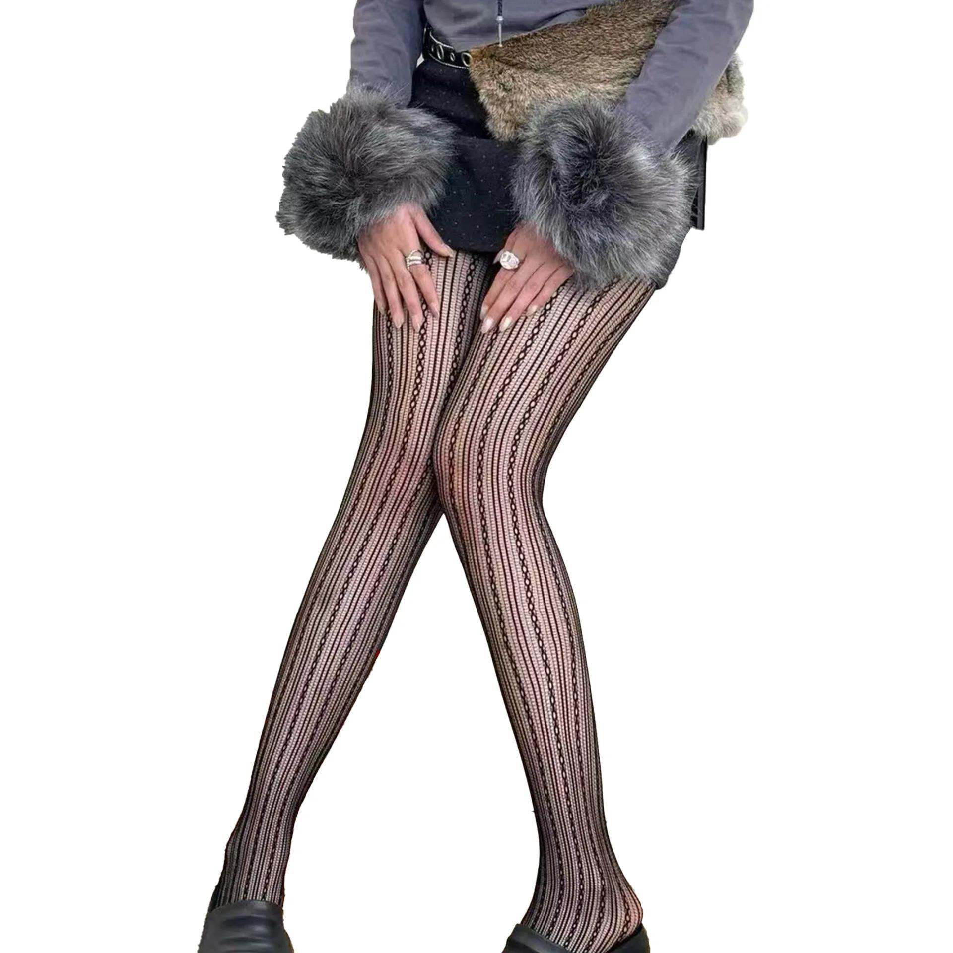 

Women Vintage Solid Fishnet Lace Pattern Tights Stockings Hollowed Rhombus Striped Geometric Jacquard Pantyhose Leggings One Size