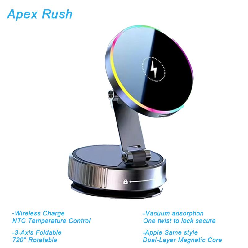 

Apex Rush Car Phone Holder 15W Wireless Charge 720 Rotation Vacuum Suction Cup Phone Mount For Glass Smooth place Shooting Vlog