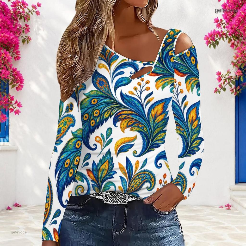 Women Plus Size Asymmetric Cutout Neck Cold Shoulder Long Sleeve Paisley Printed Blouse