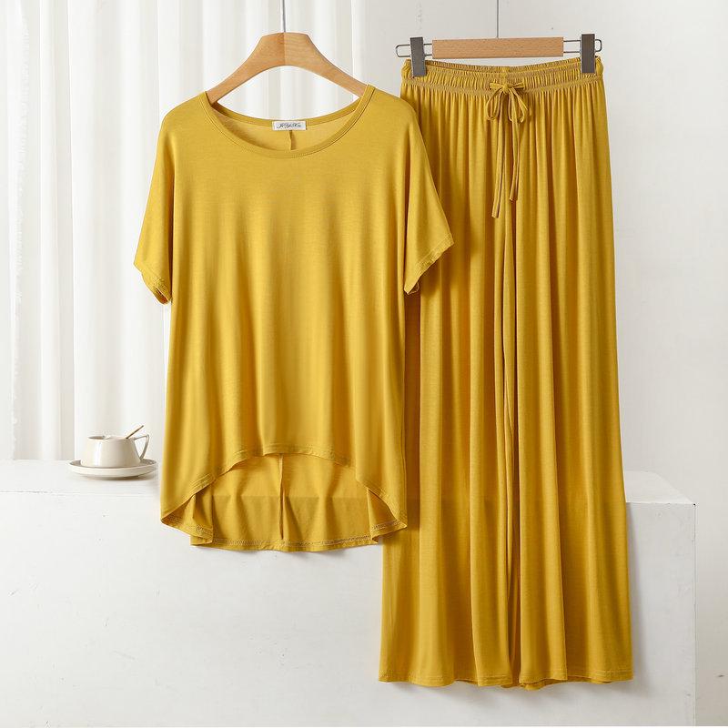 Damen Übergröße Freizeit-Pyjama-Set: Modal Rundhals Kurzarm Oberteil & Weitbeinige Hose