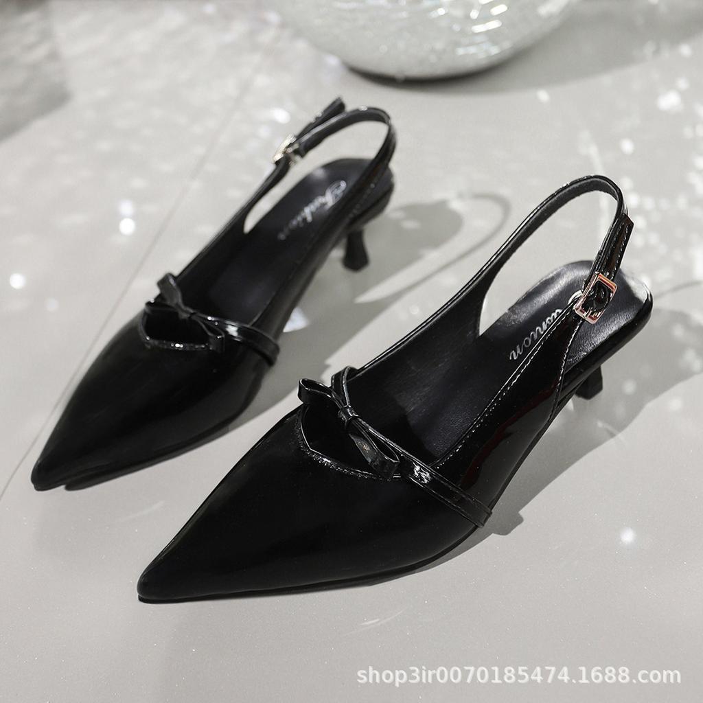 Foreign Trade Large Size Bow One-word Buckle with Pointed Head High Heels Temperament Feminine Elegant Bag Head Sandals Children
