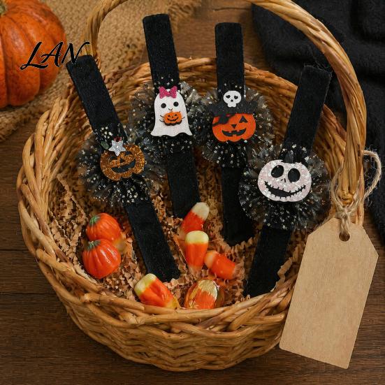 Adjustable Resilient Steel Plate Bracelets Stuffed Halloween Slap for Kids, Plush Pumpkin Ghost Skull Cute Wrist Assorted Pattern Bands Band