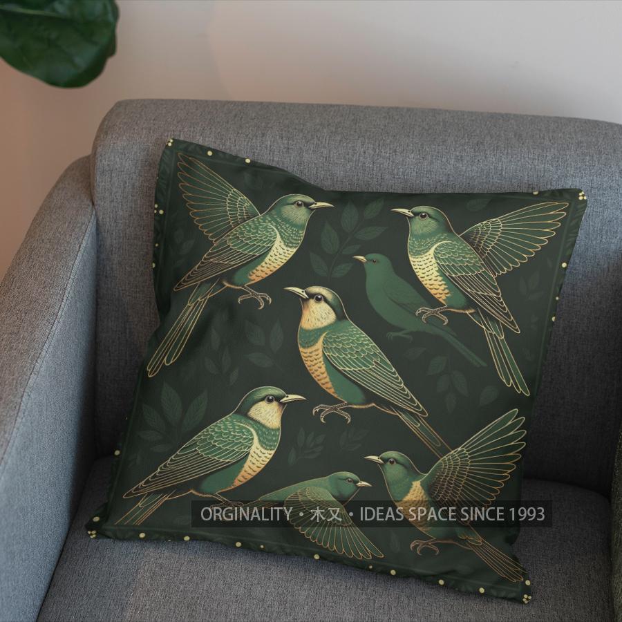 2D Elegant Green Birds On Branch Pillow Cover Pattern Cushion Cover Suitable For Sofa Bedroom Car Pillow Cover