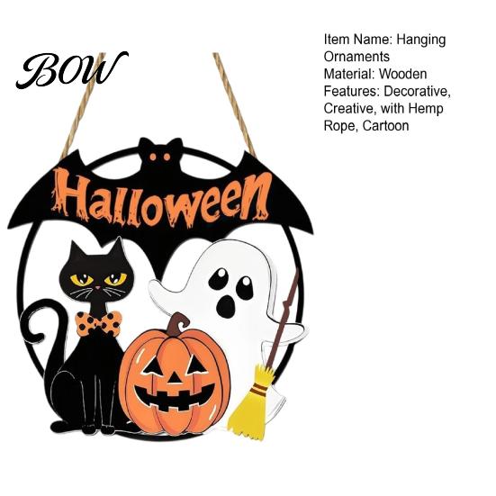 Bat And Black Cat Decorations Halloween Wood Hanging Ornament with Ghost Pumpkin Prints, Durable Festive Atmosphere Signs Waterproof Front Door