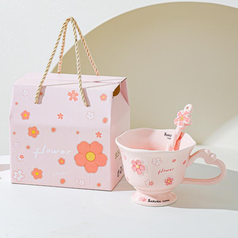 High Looking Cherry Blossom Goblet Souvenir Ceramic Girl Office Drinking Water Cup Breakfast Cup Elegant Cup
