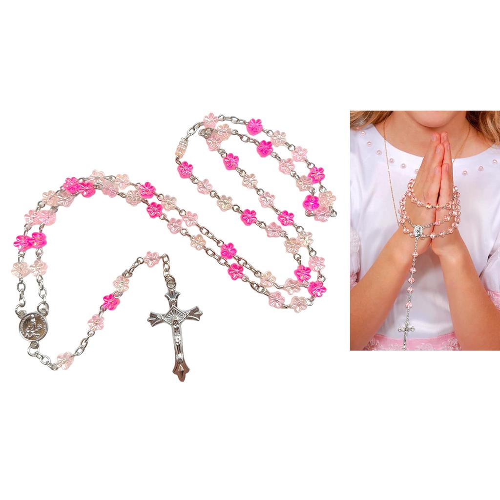 Catholic Flower Beads Rosary Necklace Crosses Religious Chain Church Prayer Pendants Jewelry for Womens Baptisms Gift