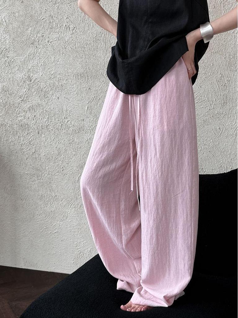 LUXI Women's Tencel Linen Elastic Waist Wide-Leg Summer Pants