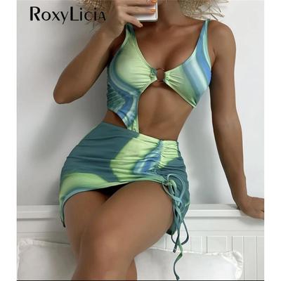 Mit Rock Sexy Asymmetrische Cut Out Tie Dye Ein Stück Badeanzug Frauen Bademode Weiblichen Gepolsterten Badende Badeanzug Schwimmen Dame