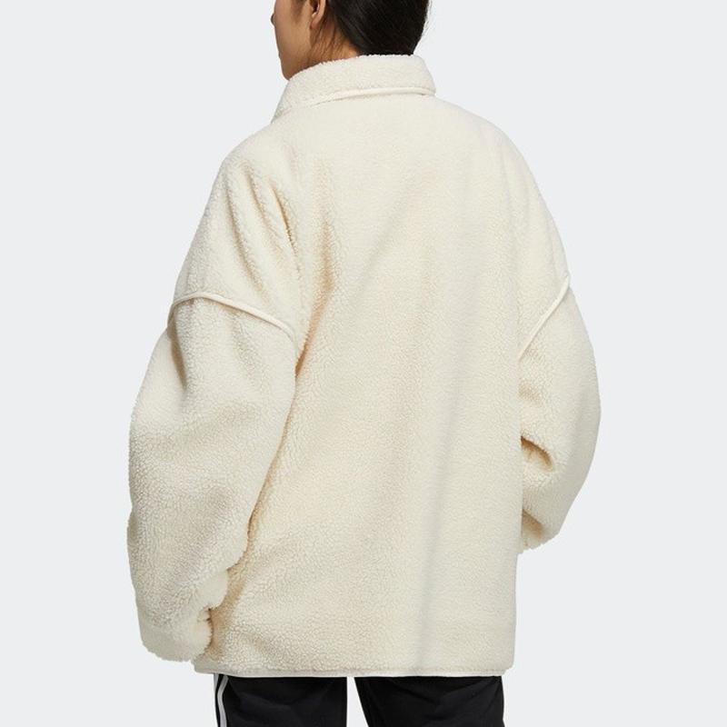 Adidas Originals Sherpa Solid Color Zip-Up Warm Faux Shearling Jacket Women jackets White HC6602
