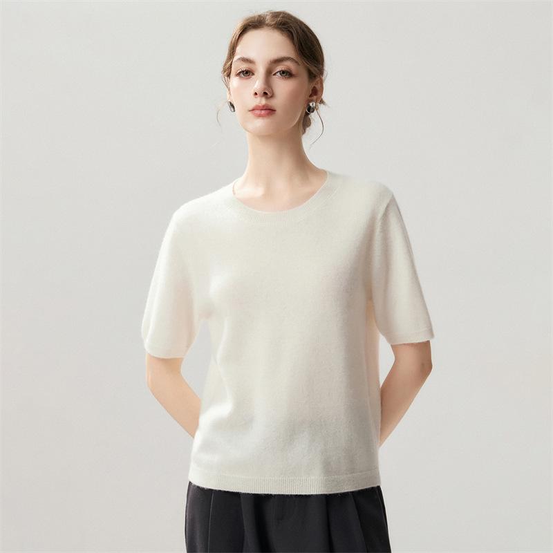 Top a strati da donna Lekasha in cashmere a maniche corte con scollo rotondo