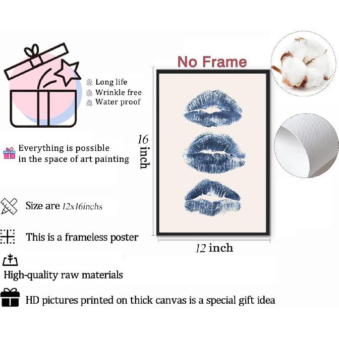 Set of 3 Trendy Cheetah Wall Art Funky Navy Blue Kiss Lips wall decoration pictures Retro Lucky 8 Ball Leopard Pattern Poster prints for Girls