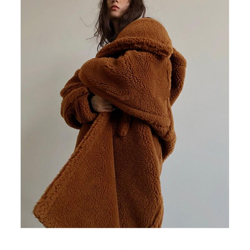 Womens Mid-Long Faux Fur Hooded Coat Fashionable Casual Winter Outerwear Street Style