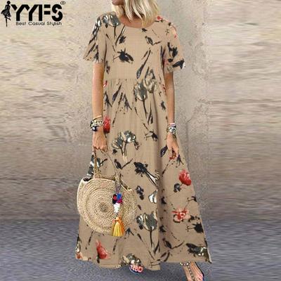 Women's Fashion Summer Spring Flower Pattern Print Short Sleeve O-Neck Loose Waistline Casual Dresses