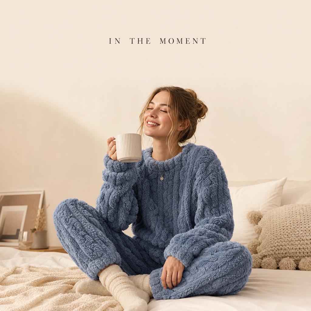 Coral Fleece Jacquard Pajamas Set Women Autumn Winter Fleece Thickened Warm Crew Neck Cable Knit Loungewear Wearable Outside