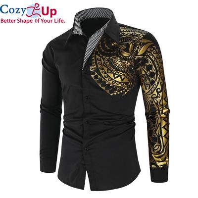 Luxury Gold Black Shirt Men New Slim Fit Long Sleeve Camisa Masculina Gold Black Social Men Club Prom Shirt