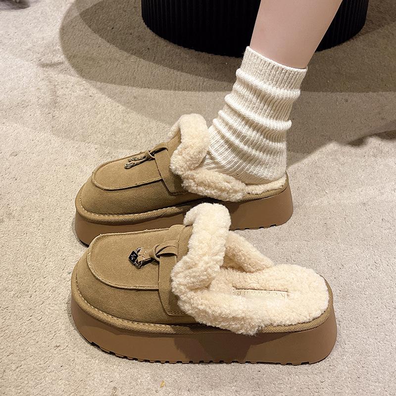 

Зимние новые женские повседневные тапочки на толстой подошве из овечьей шерсти Boken с закрытым носком для дома, бархатные, теплые, увеличивающие рост 40 хаки