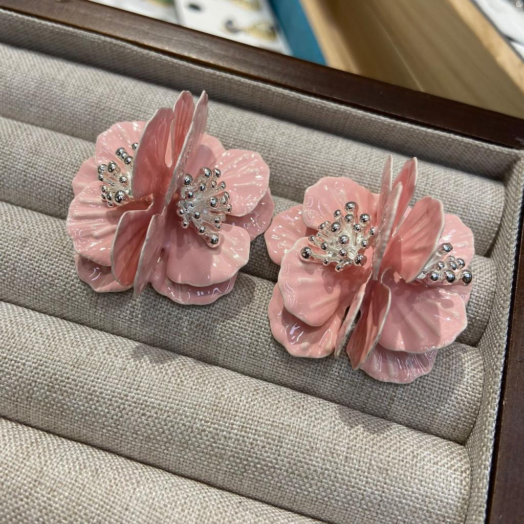French Retro Design Dripping Oil Pink Peony Flower Stud Earrings Women'S White Rich Flower Earrings Women'S