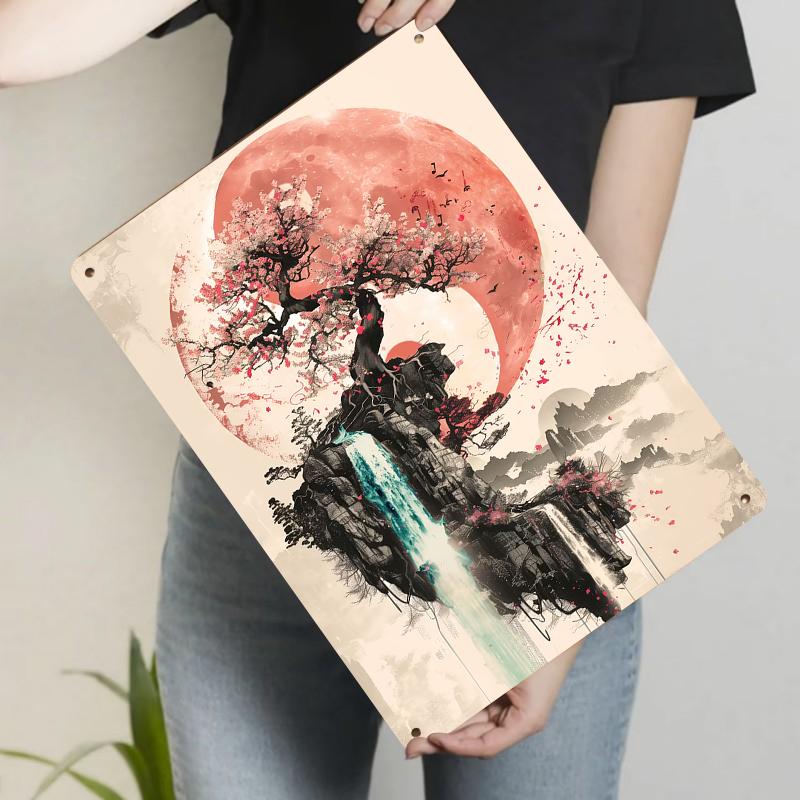 

Oriental Zen Landscape Metal Wall Art Red Moon Cherry Blossom Cliff Waterfall Living Room Study Decor Unframed Iron Painting 20x30cm（7.8x11.8inch）