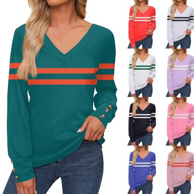 Women's Casual Fashion Striped Long Sleeve Cuffs Button-Down Shirt V-Neck Casual Loose Tee Autumn Clothing