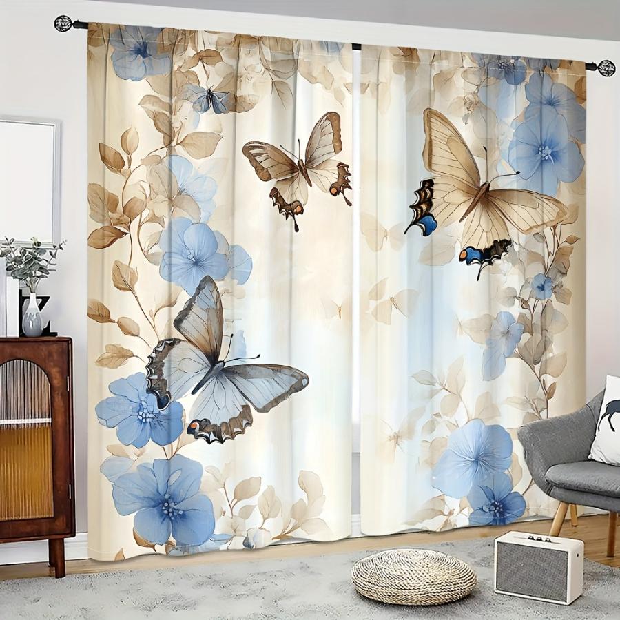 2PCS Digital Printed Curtains, Flower Shadow Blue Butterfly Dreamy, Rod Pocket Window Drapes for Living Room Bedroom Decor
