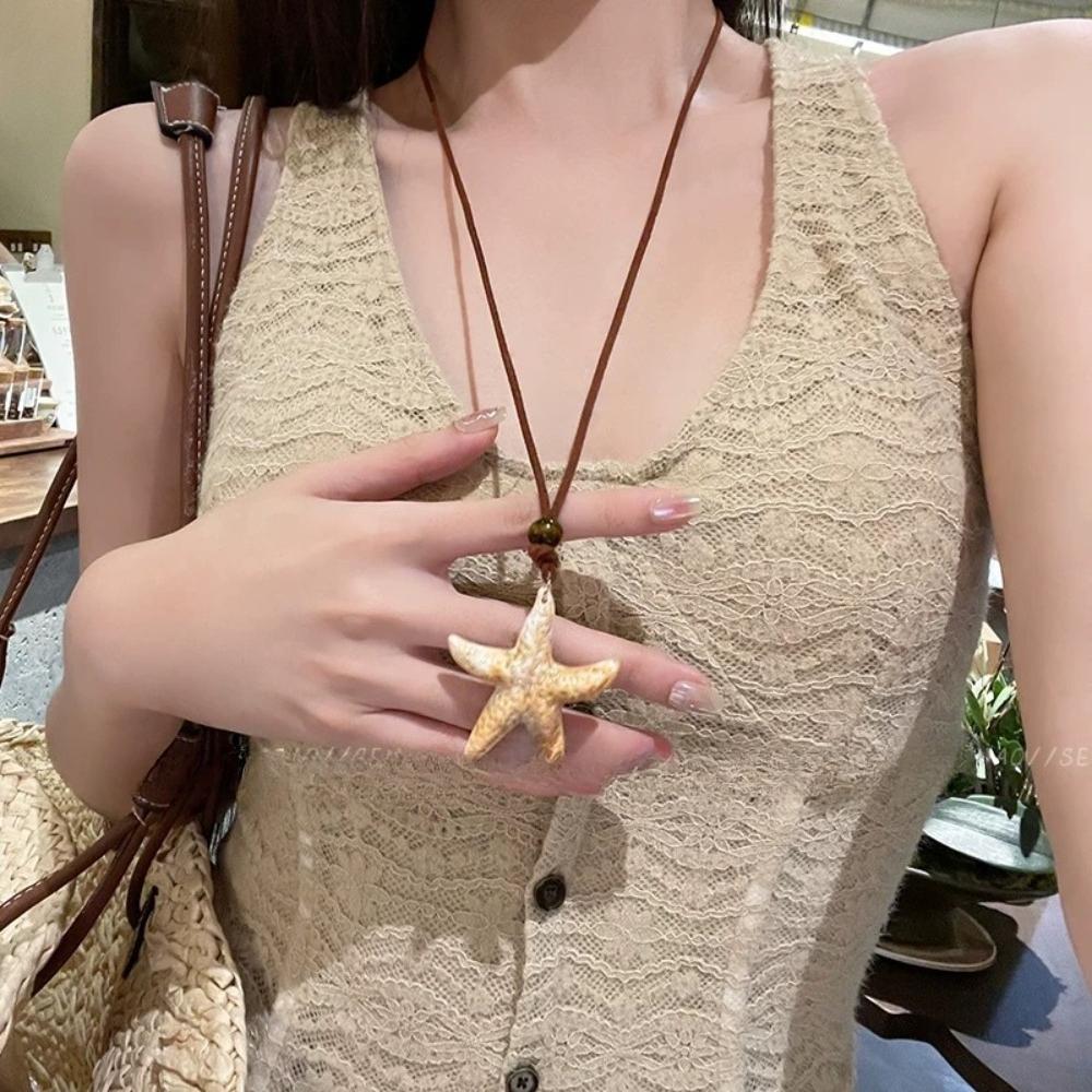 Collana Lunga Regolabile con Ciondolo Stella Marina e Conchiglia in Corda di Pelle Marrone per Donna Collana a Catena per la Spiaggia Estiva Gioielli Regali