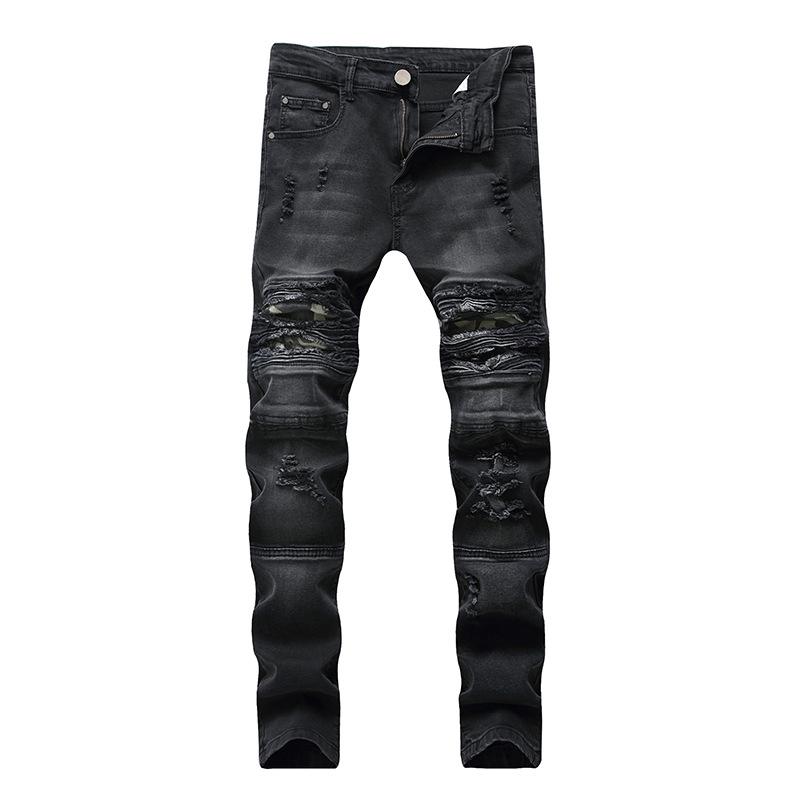 Four Season Wearable European And American Men'S Knee Ripped Jeans Stretch High Street Trend Slim Pants Motorcycle Pleated Small Leg Pants