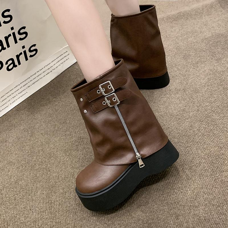 Winter Chunky Heel Women Knee High Boots Belt Buckle Long Boots Female Elegant Platform Women's Knight Botties