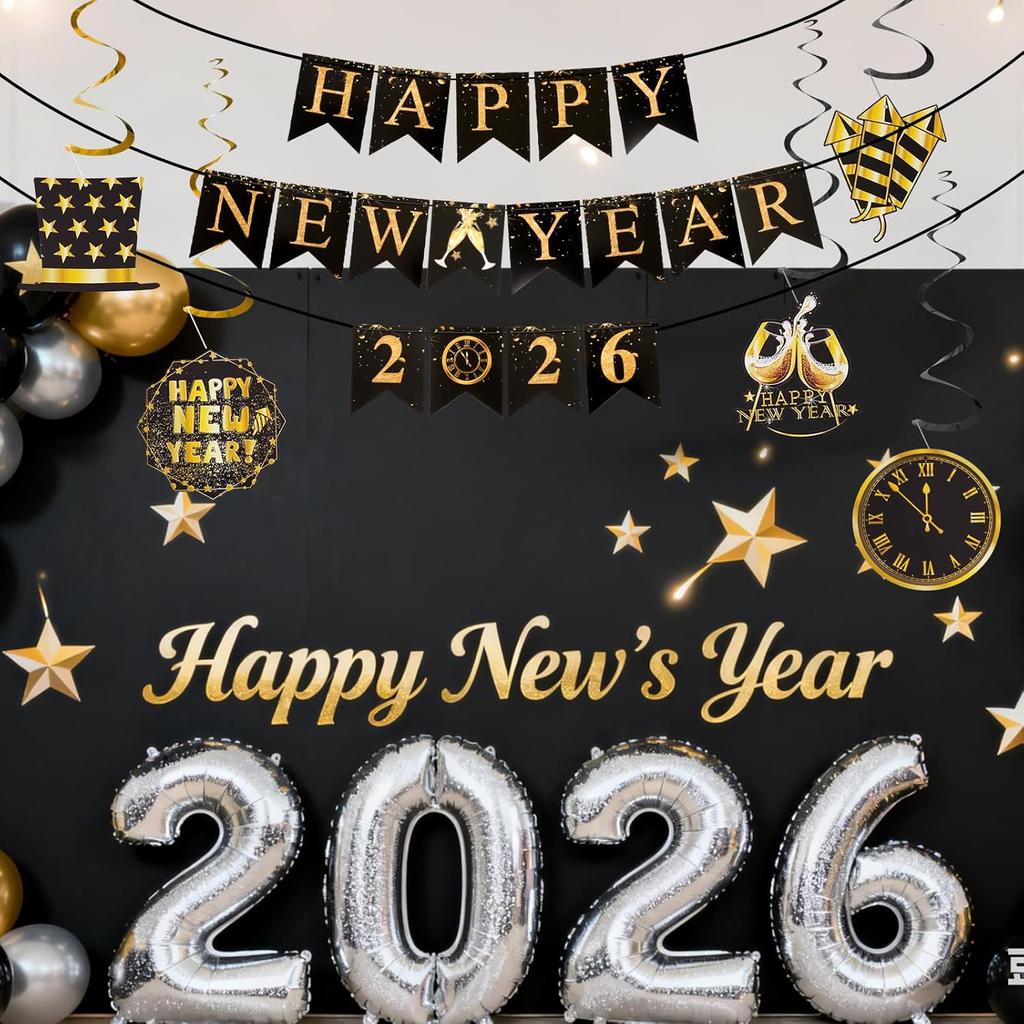 Yookat Black Gold Happy New Year Banner and New Years Hanging Swirls 2026 Happy New Years Eve Party Decorations Supplies