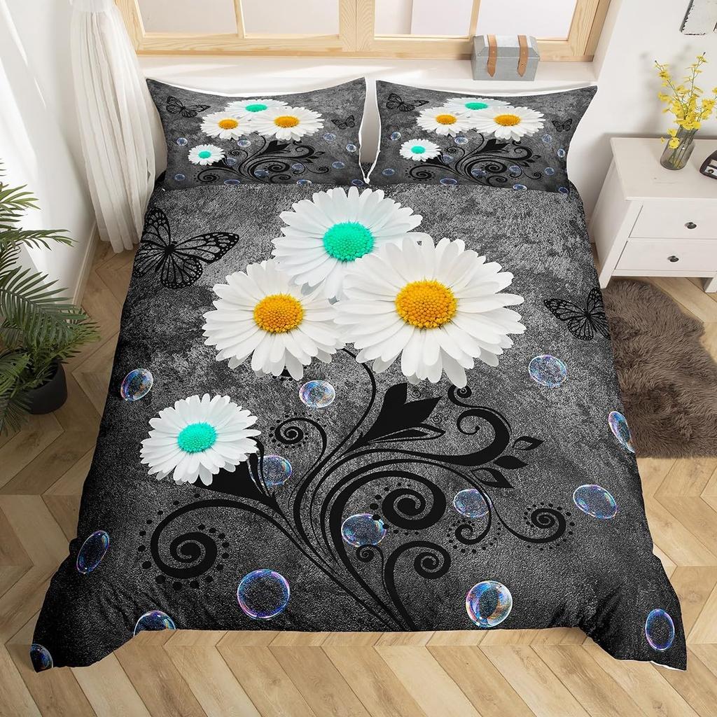 Poszewka na kołdrę z kwiatami stokrotek Rozmiar Full Queen 2/3 szt. Botaniczny kwiatowy komplet pościeli Styl pastoralny Poszewka na kołdrę dla dzieci Dziewcząt Kobiet do pokoju
