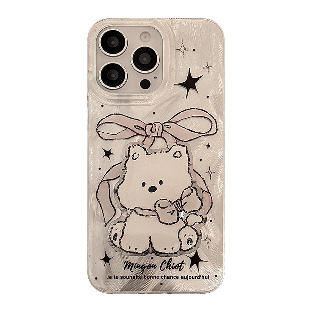 Sweet Bow Dog Stand Apple 15promax Suitable for Iphone13 Mobile Phone Case 16 Feather Yarn 14 Hard