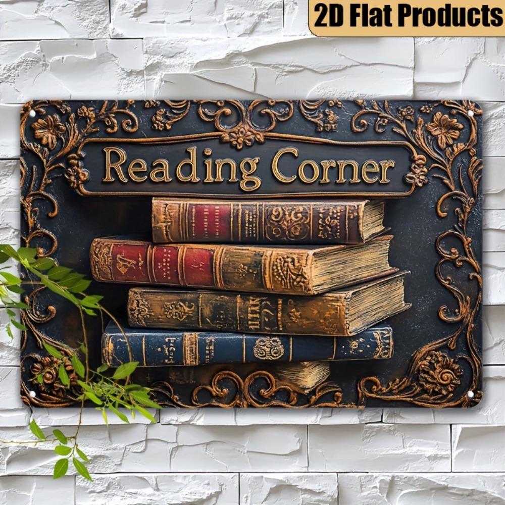 Vintage Leseecke Blechschild, 2D Retro Bibliotheksdekor Plakette, 19,99x30cm Wandkunst für Zuhause Garage