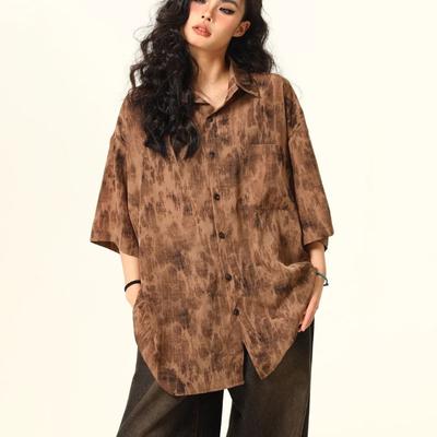 Φαρδύ Γυναικείο Πουκάμισο με Κοντά Μανίκια, Ρετρό Καθημερινό Καλοκαιρινό, με Γιακά που Γυρίζει προς τα Κάτω, Μπλούζες με Ολόκληρη Εκτύπωση, Ευέλικτο Τοπ με Τσέπη