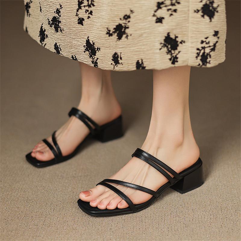 Fashion New Summer Sandals Genuine Leather Women Shoes Square Toe Sandals for Women Fashion Chunky Heel Slippers Shoes Mid Heel Red