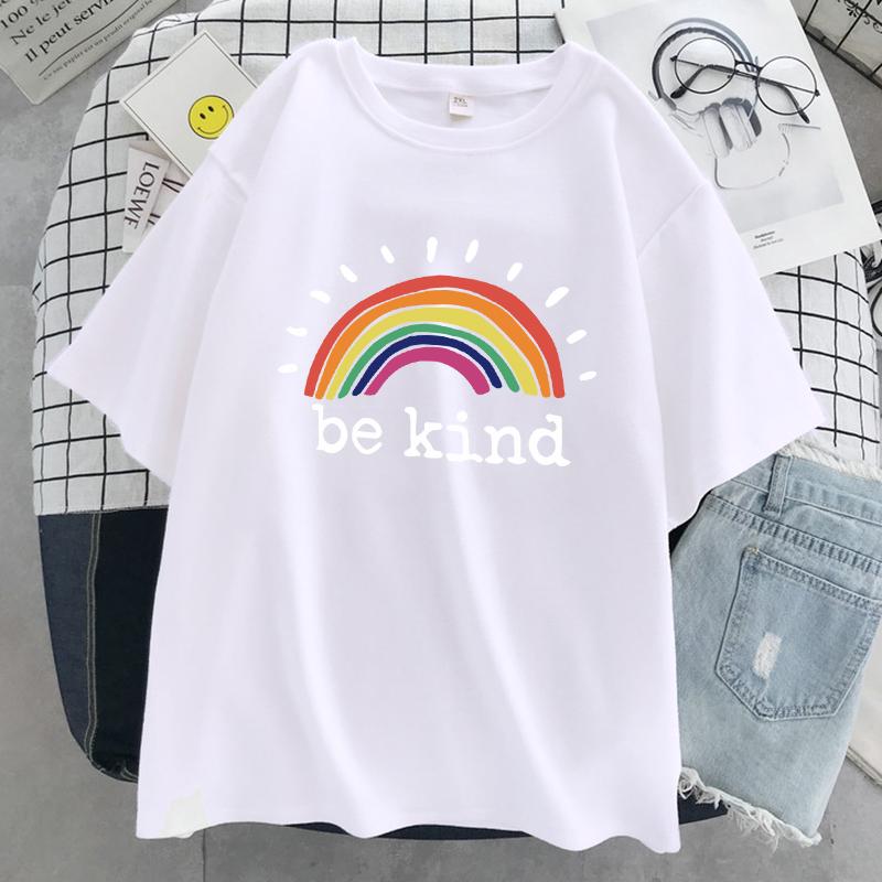 Be Kind A Glowing Rainbow Womens T Shirt Cotton Cool Tshirt Street Oversized Short Sleeve Fashion Breathable Tee Clothes