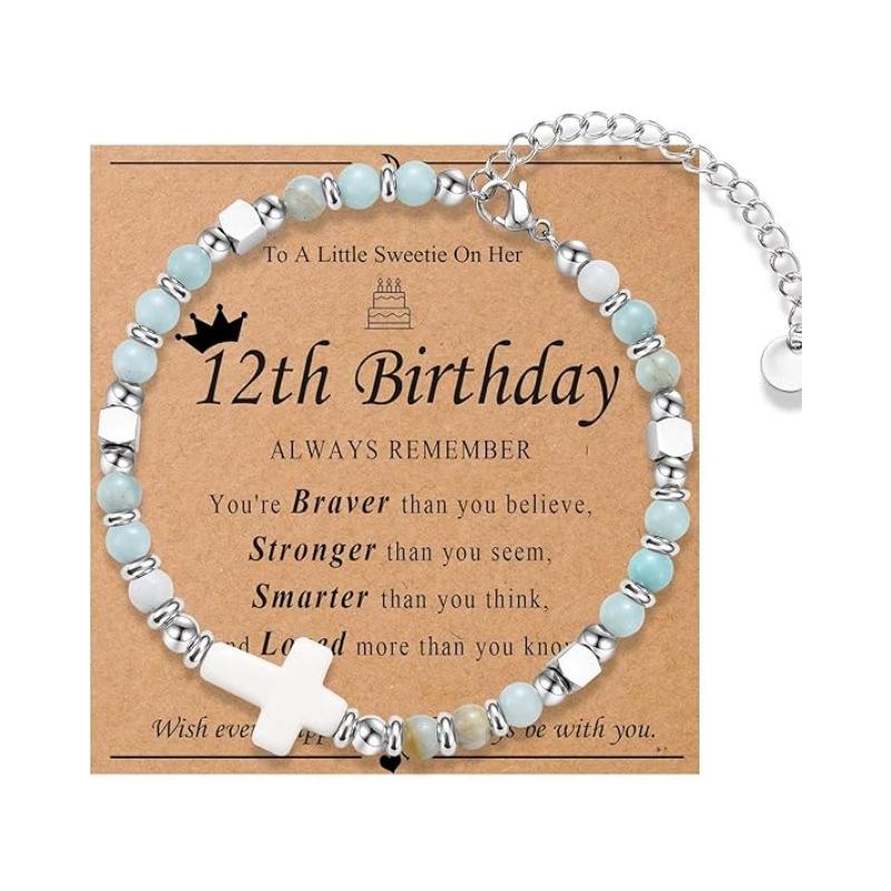 JYL TS Bracelet  Cross Pendant Natural Stone Graduation Gift Inspires Faith Amazonite+12th ceil