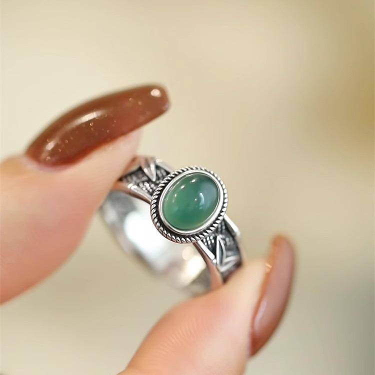 925 Silver Rings for Women Couple Minimalist Handmade Simple Green Stone Ring Fine Jewelry Gift Prevent Allergy