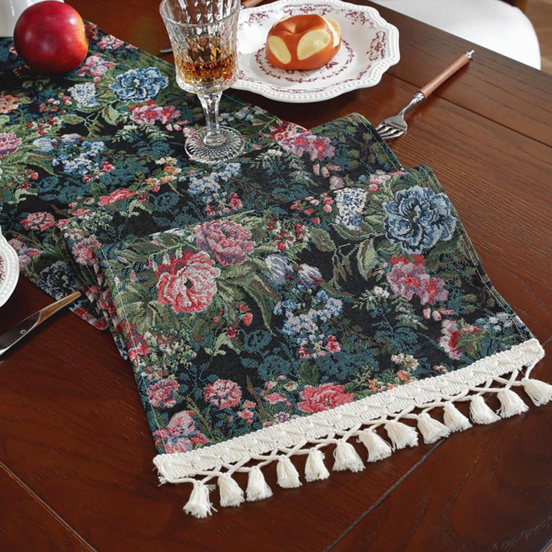 

Jacquard Plant Flower Table Runners with Tassel TV Cabinet Cover American Retro Table Runner for Party Coffee Table Decoration 30x140CM