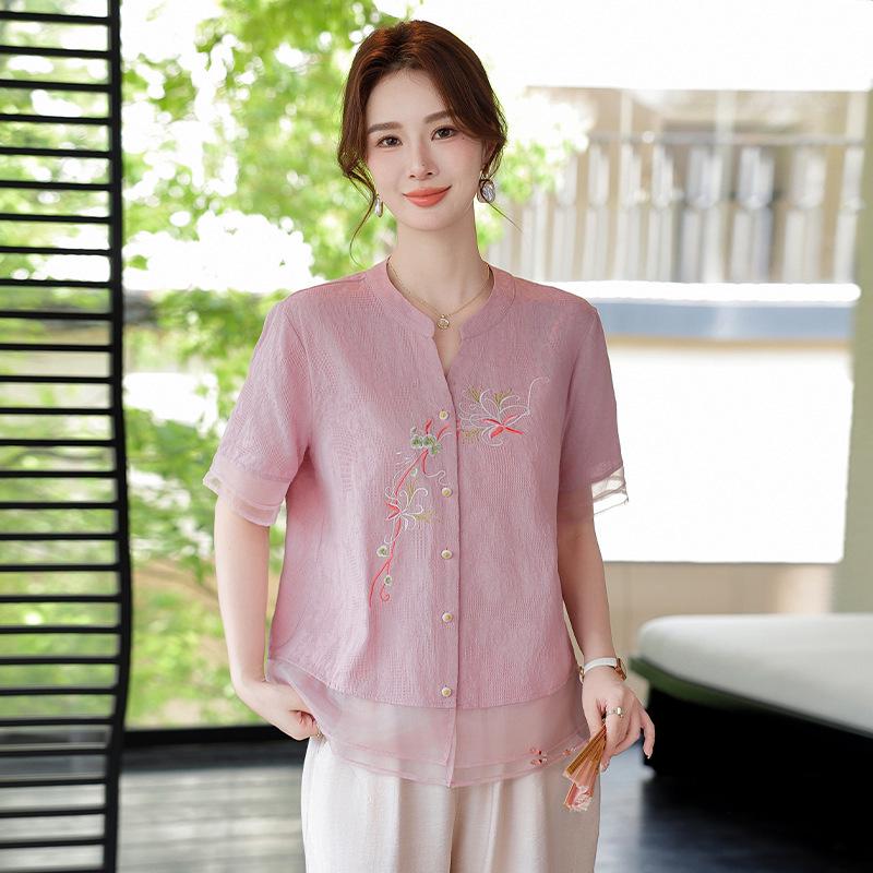 Stylish Embroidered Summer Top for Middle-Aged and Elderly Women