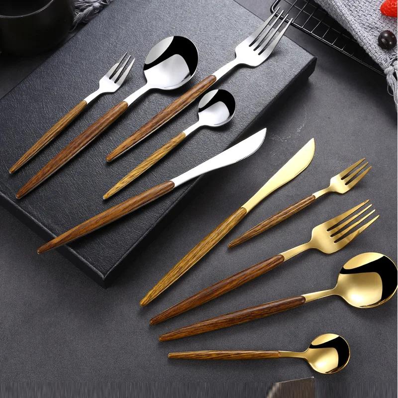 30Pcs Stainless Steel Imitation Wooden Handle Dinnerware Knife Coffee Spoon Fork Cutlery Set Tableware Silverware Dining Table