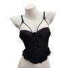 Spaghetti Strap Lace Up Vest Top Close-fitting Fishbone Vest Solid Color Sleeveless Crop Top  Bar