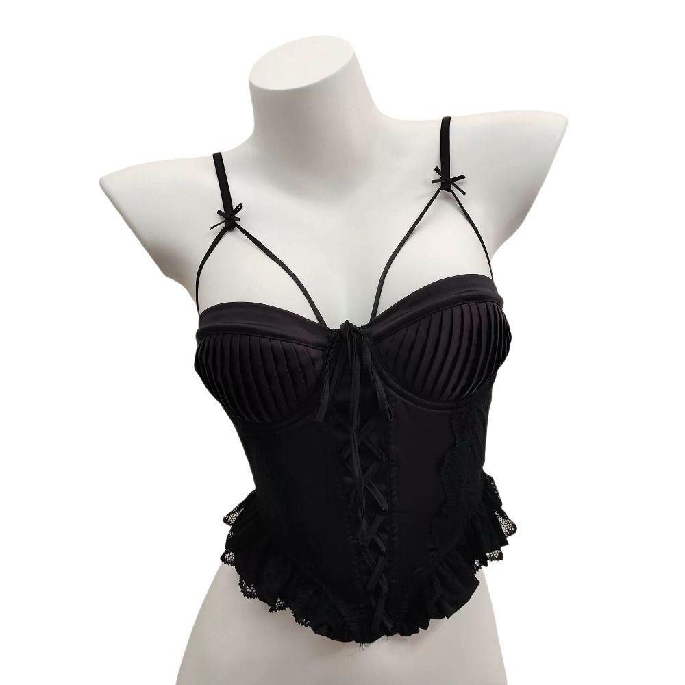 Spaghetti Strap Lace Up Vest Top Close-fitting Fishbone Vest Solid Color Sleeveless Crop Top Bar
