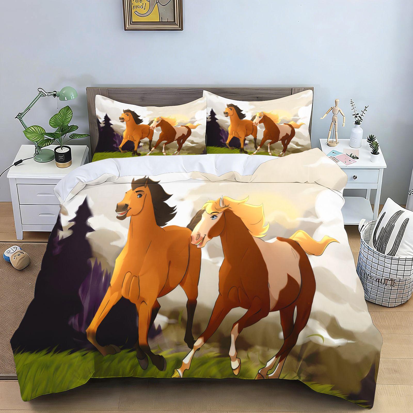 Spirit L'Étalon Indompté Dessin Animé Cheval Parure de Lit Chevaux au Galop Imprimé Housse de Couette Taie d'Oreiller Doux Linge de Lit Chambre d'Enfant 135X200CM gray