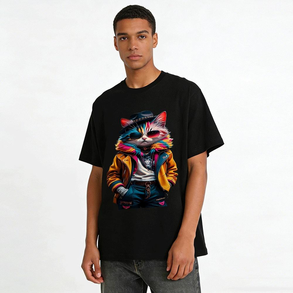 Cool Colorful Anthropomorphic Cat Print Streetwear Casual Top Pure cotton T-shirt