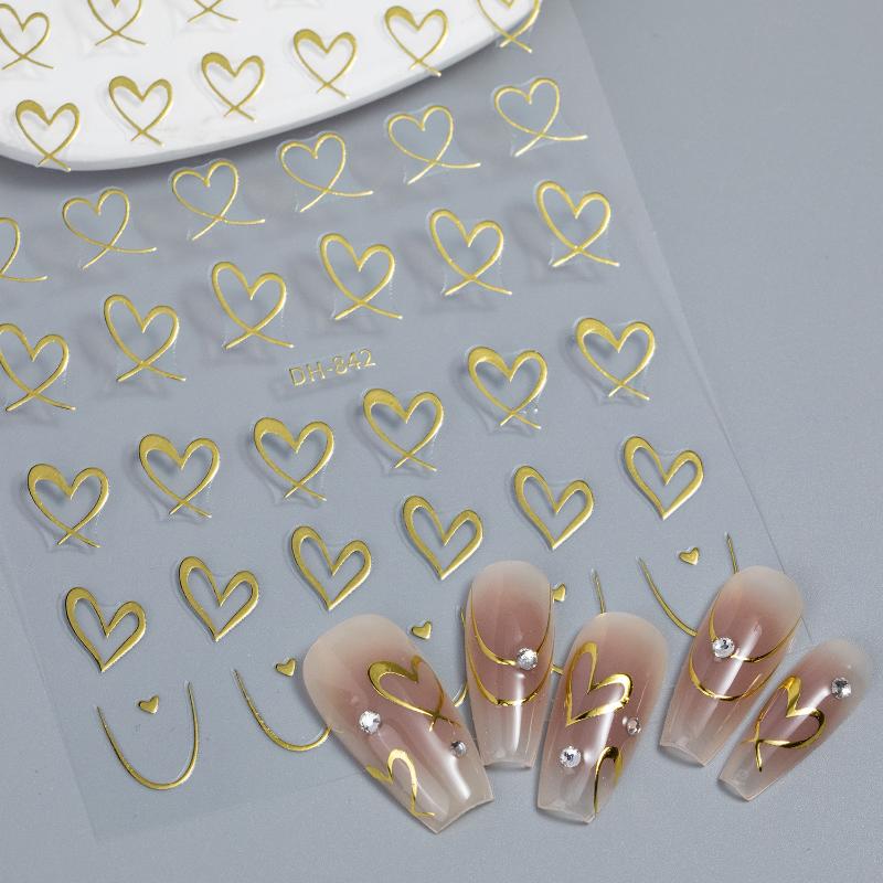 1 Sheet Nail Art Stickers 3D Cute Heart White Gold Silver Lines Love Heart Nail Decals Diy Adhesive Slider Manicure Decorations